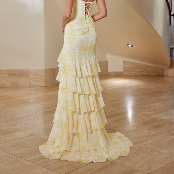 New Yellow Sleeveless Special Occasion Chiffon Dress w/ Floral Print NX T1863 - Picture 8 of 8